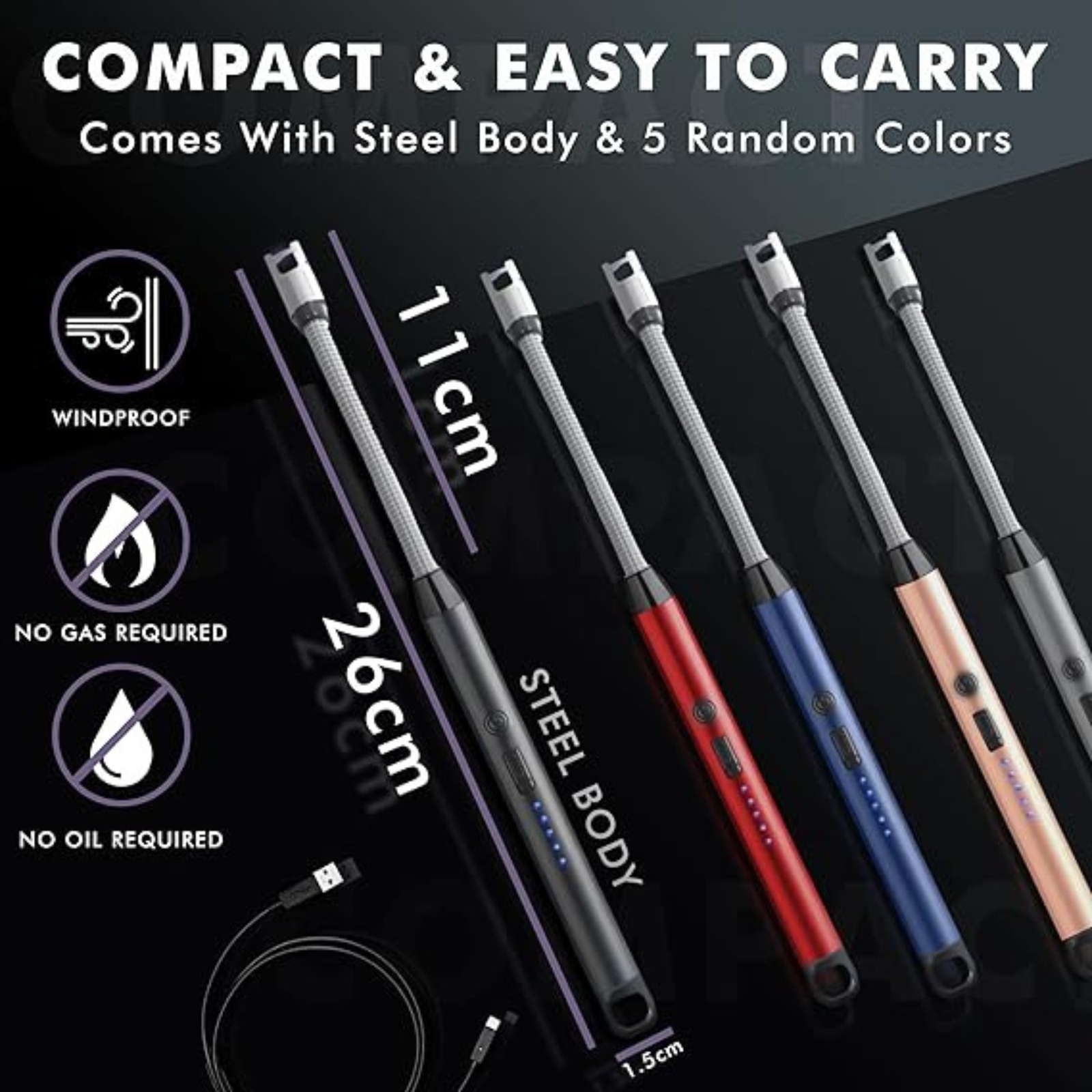 USB Rechargeable Electric Gas Lighter for Kitchen with Battery Indicator & Safety Lock – Arc Plasma Flameless Lighter