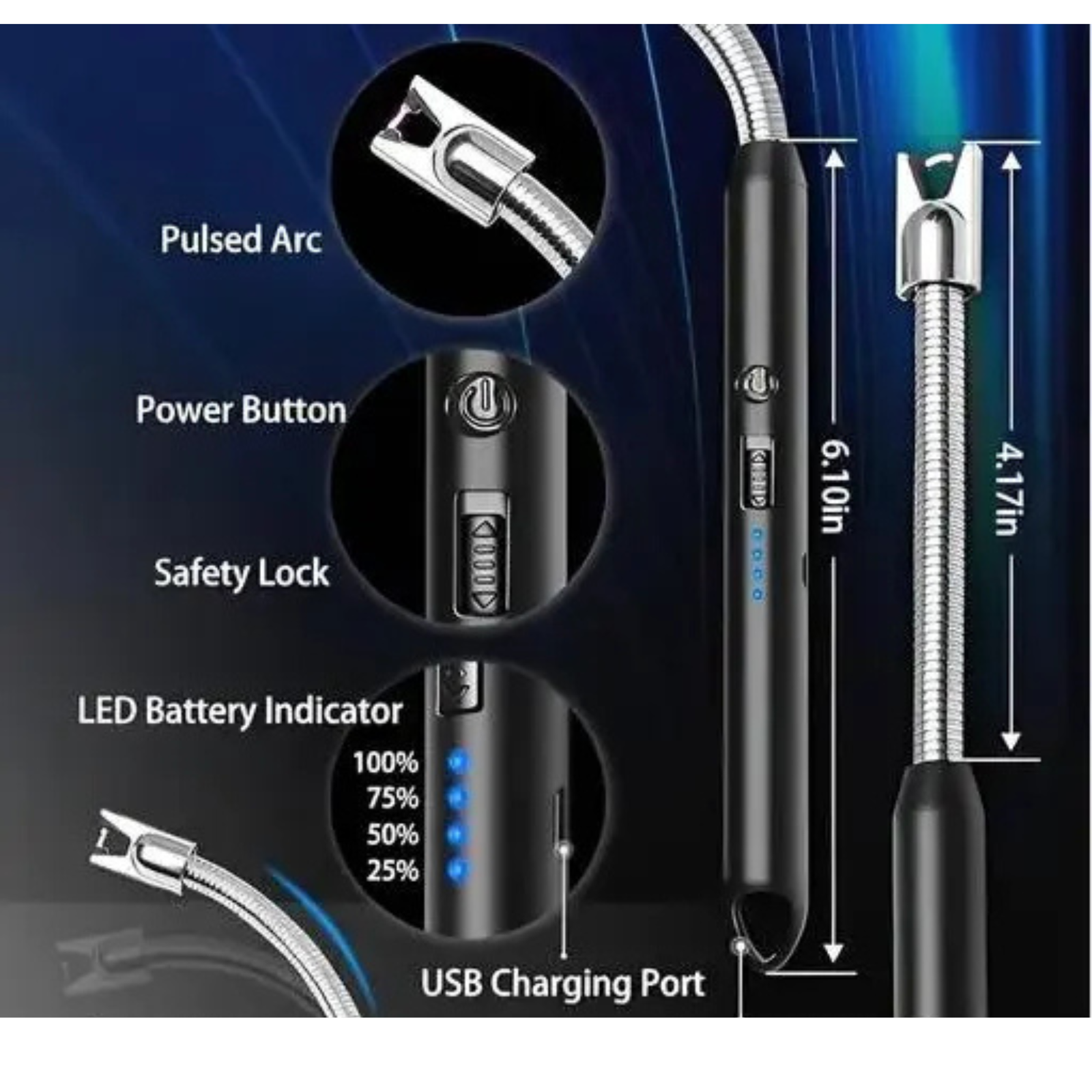 USB Rechargeable Electric Gas Lighter for Kitchen with Battery Indicator & Safety Lock – Arc Plasma Flameless Lighter - Image 2