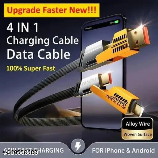 4 in 1 65w Super Fast Charging Data Cable USB Type C Compatible with iPhone 16 15 14 / iPad Macbook/Laptop/Galaxy S25 S24 Ultra | Multi Unbreakable Flat Reinforced Braided Wire - 1.2M - Image 3